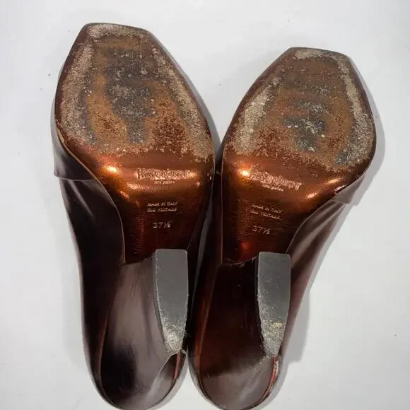 Yves Saint Laurent YSL Basket Orange Bronze Leather Designer Heels Sandals 37.5 - Picture 11 of 15